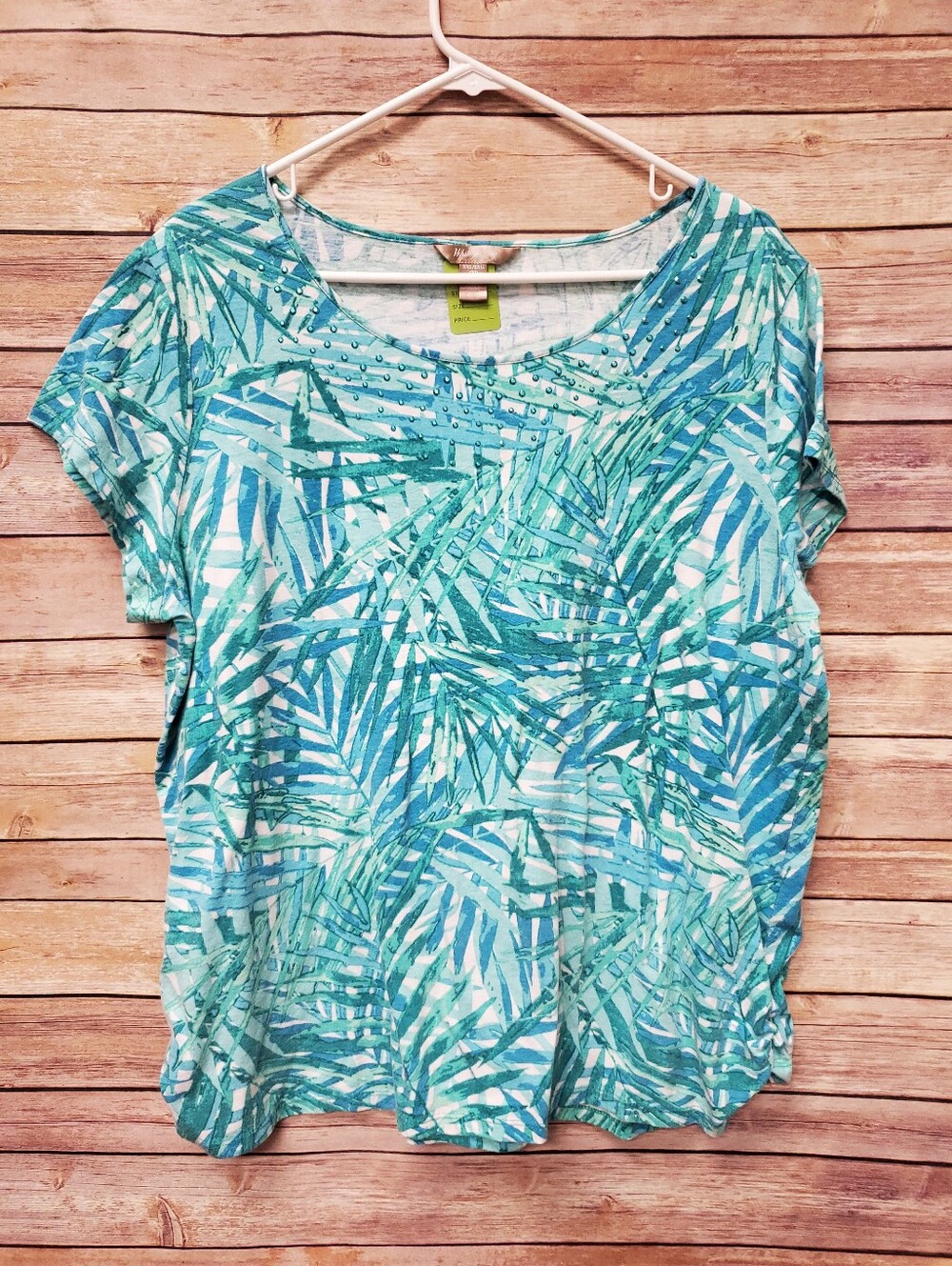 White Stag Plus XXL 20 Turquoise Palm Leaf Rhinestone Short Sleeve Top